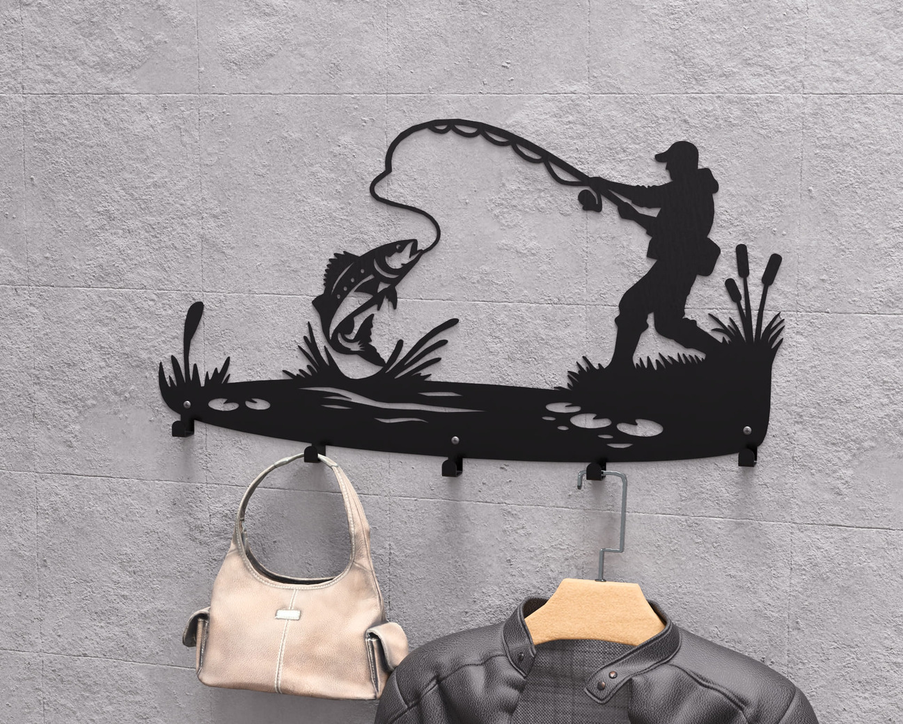 Fishing Wall-Mounted Coat Rack V2. DXF, SVG files for plasma, laser cutting. Wall Coat Rack