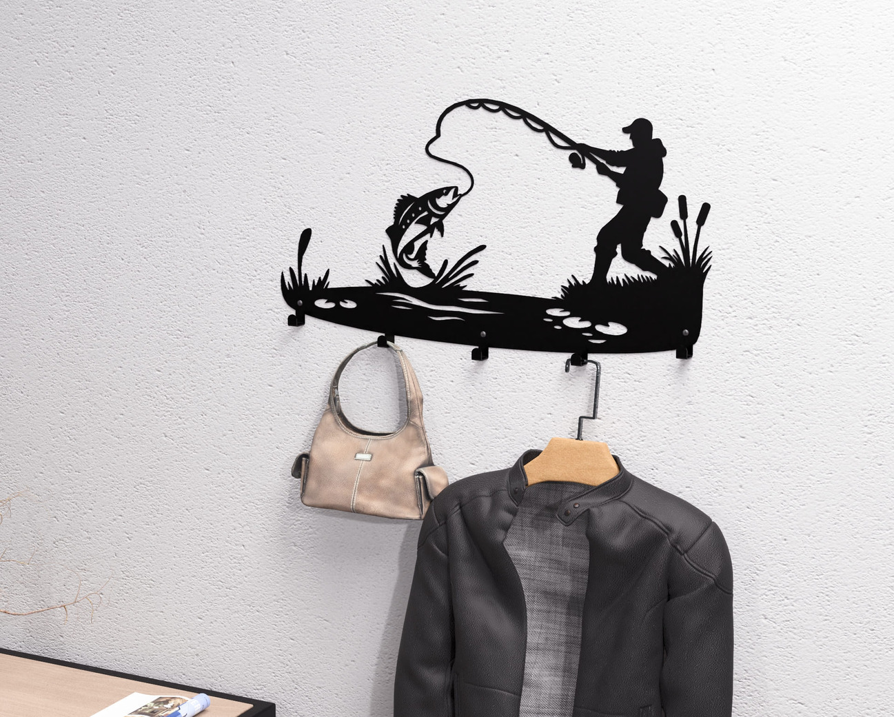 Fishing Wall-Mounted Coat Rack V2. DXF, SVG files for plasma, laser cutting. Wall Coat Rack. Фото 2