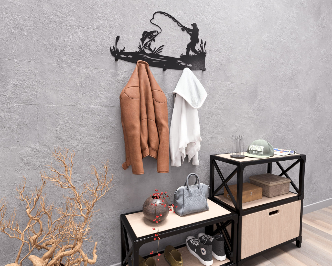 Fishing Wall-Mounted Coat Rack V2. DXF, SVG files for plasma, laser cutting. Wall Coat Rack. Фото 4