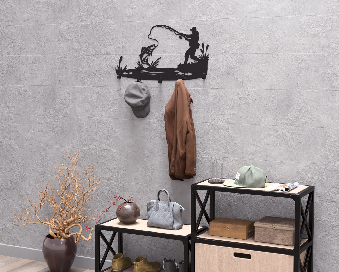 Fishing Wall-Mounted Coat Rack V2. DXF, SVG files for plasma, laser cutting. Wall Coat Rack. Фото 6