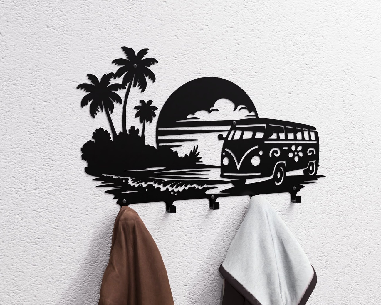 Cabideiro de parede cena de Pôr do Sol em Praia Hippie. Arquivos DXF e SVG para corte e plasma a laser