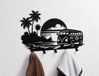 Hippie Beach Sunset Scene Wall-Mounted Coat Rack. DXF, SVG files for plasma, laser cutting. Wall Coat Rack