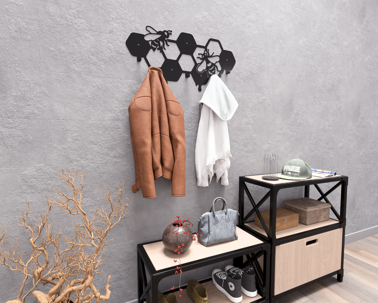 Honeycomb Wall-Mounted Coat Rack. DXF, SVG files for plasma, laser cutting. Wall Coat Rack. Фото 4