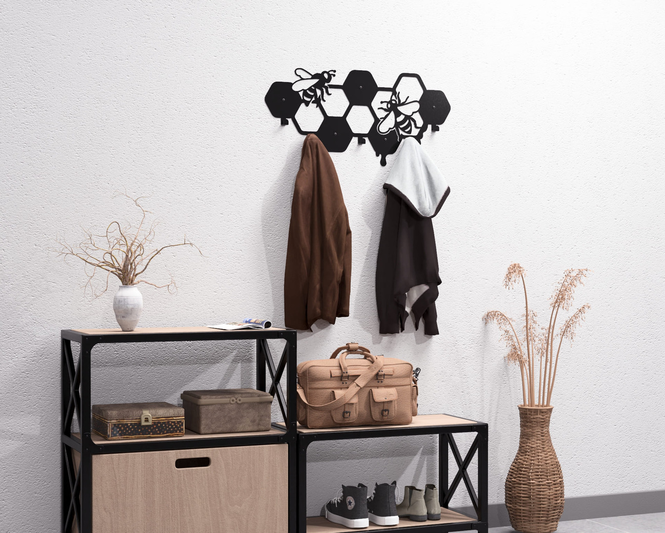 Honeycomb Wall-Mounted Coat Rack. DXF, SVG files for plasma, laser cutting. Wall Coat Rack. Фото 6