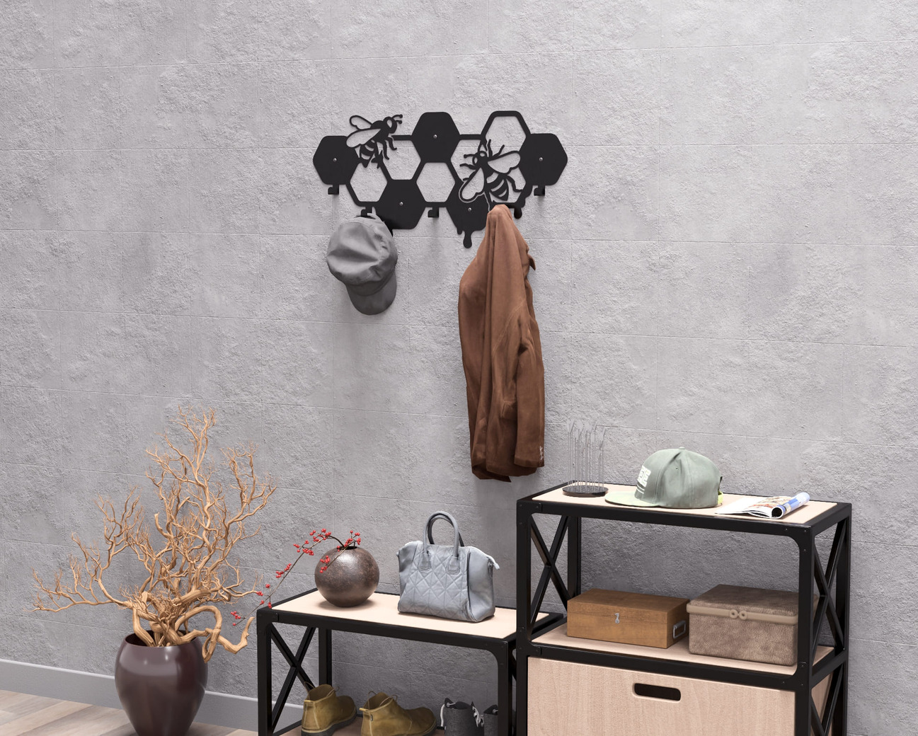 Honeycomb Wall-Mounted Coat Rack. DXF, SVG files for plasma, laser cutting. Wall Coat Rack. Фото 7