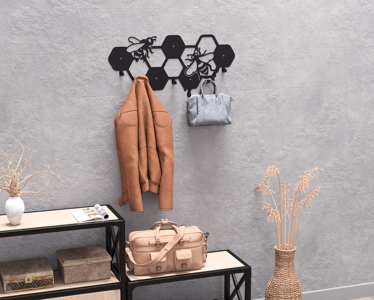 Honeycomb Wall-Mounted Coat Rack. DXF, SVG files for plasma, laser cutting. Wall Coat Rack. Фото 8