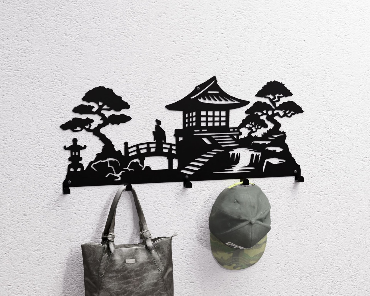 Japanese Garden Wall-Mounted Coat Rack V1. DXF, SVG files for plasma, laser cutting. Wall Coat Rack