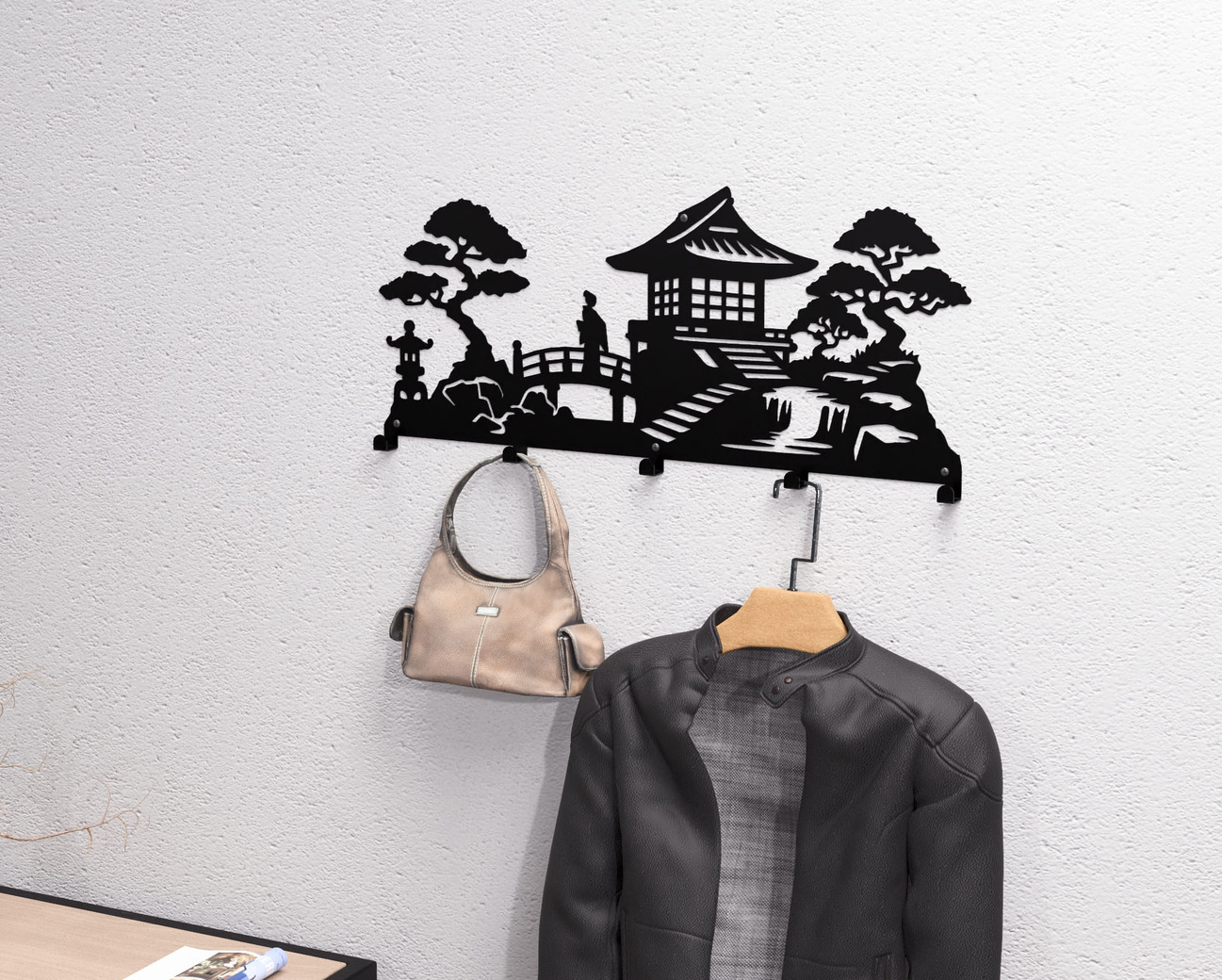 Japanese Garden Wall-Mounted Coat Rack V1. DXF, SVG files for plasma, laser cutting. Wall Coat Rack. Фото 2