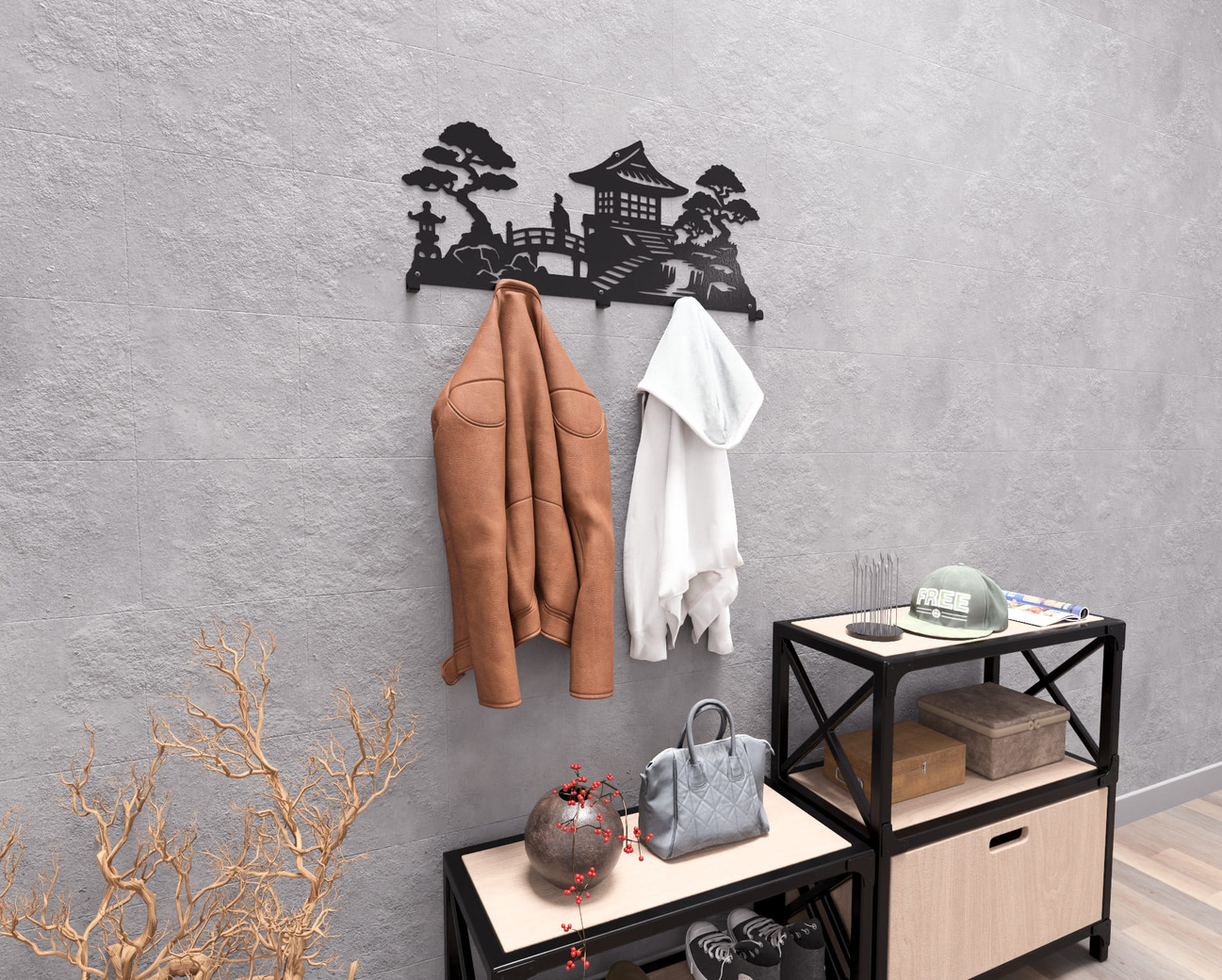 Japanese Garden Wall-Mounted Coat Rack V1. DXF, SVG files for plasma, laser cutting. Wall Coat Rack. Фото 5