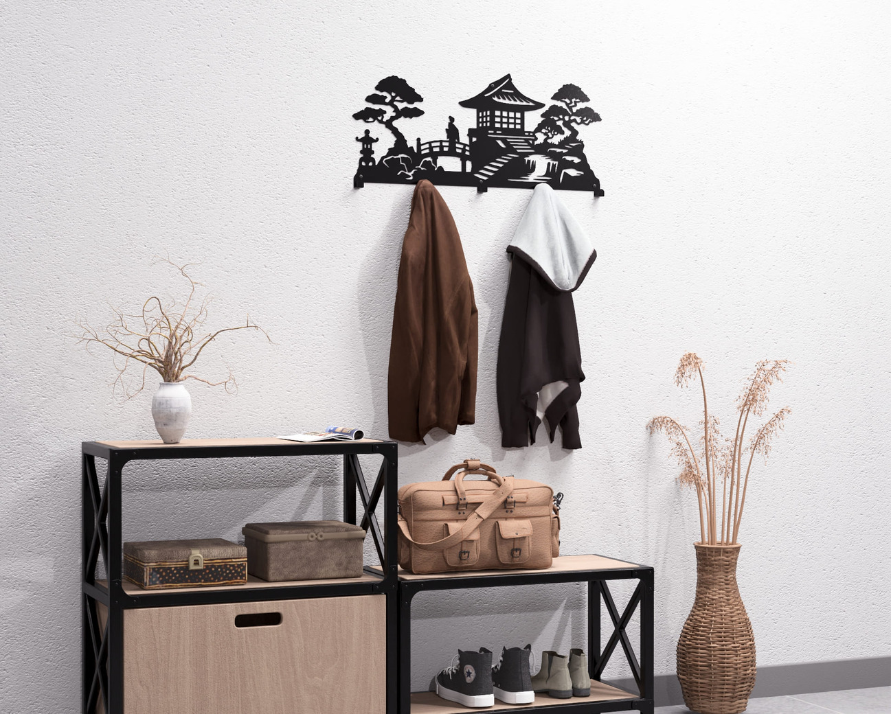 Japanese Garden Wall-Mounted Coat Rack V1. DXF, SVG files for plasma, laser cutting. Wall Coat Rack. Фото 9