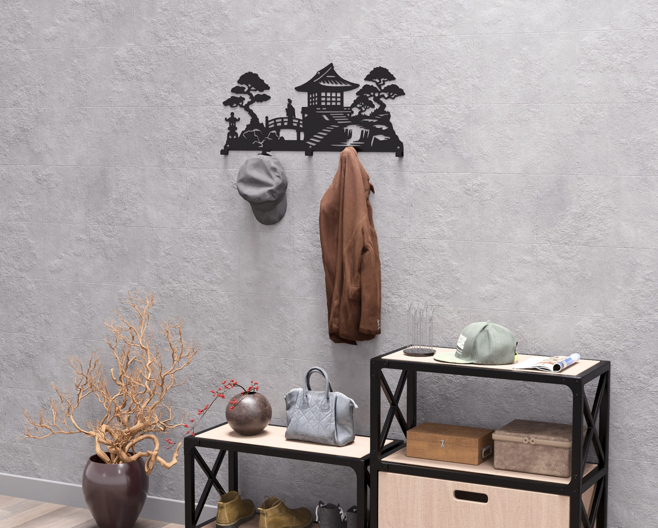 Japanese Garden Wall-Mounted Coat Rack V1. DXF, SVG files for plasma, laser cutting. Wall Coat Rack. Фото 6