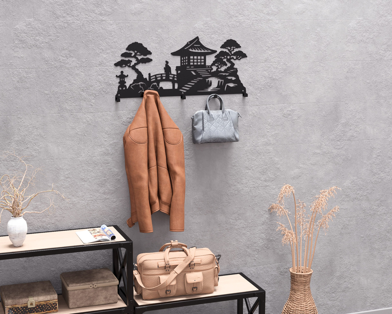 Japanese Garden Wall-Mounted Coat Rack V1. DXF, SVG files for plasma, laser cutting. Wall Coat Rack. Фото 7