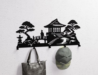 Japanese Garden Wall-Mounted Coat Rack V1. DXF, SVG files for plasma, laser cutting. Wall Coat Rack