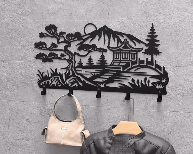 Japanese Garden Wall-Mounted Coat Rack V2. DXF, SVG files for plasma, laser cutting. Wall Coat Rack