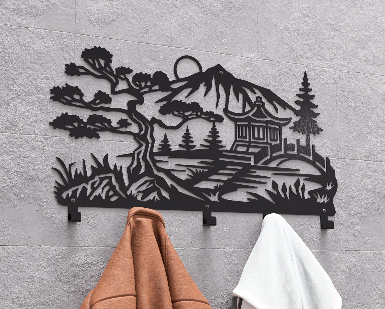 Japanese Garden Wall-Mounted Coat Rack V2. DXF, SVG files for plasma, laser cutting. Wall Coat Rack. Фото 3