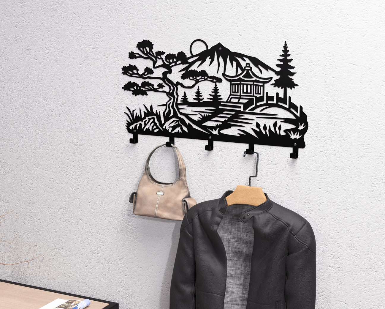 Japanese Garden Wall-Mounted Coat Rack V2. DXF, SVG files for plasma, laser cutting. Wall Coat Rack. Фото 2