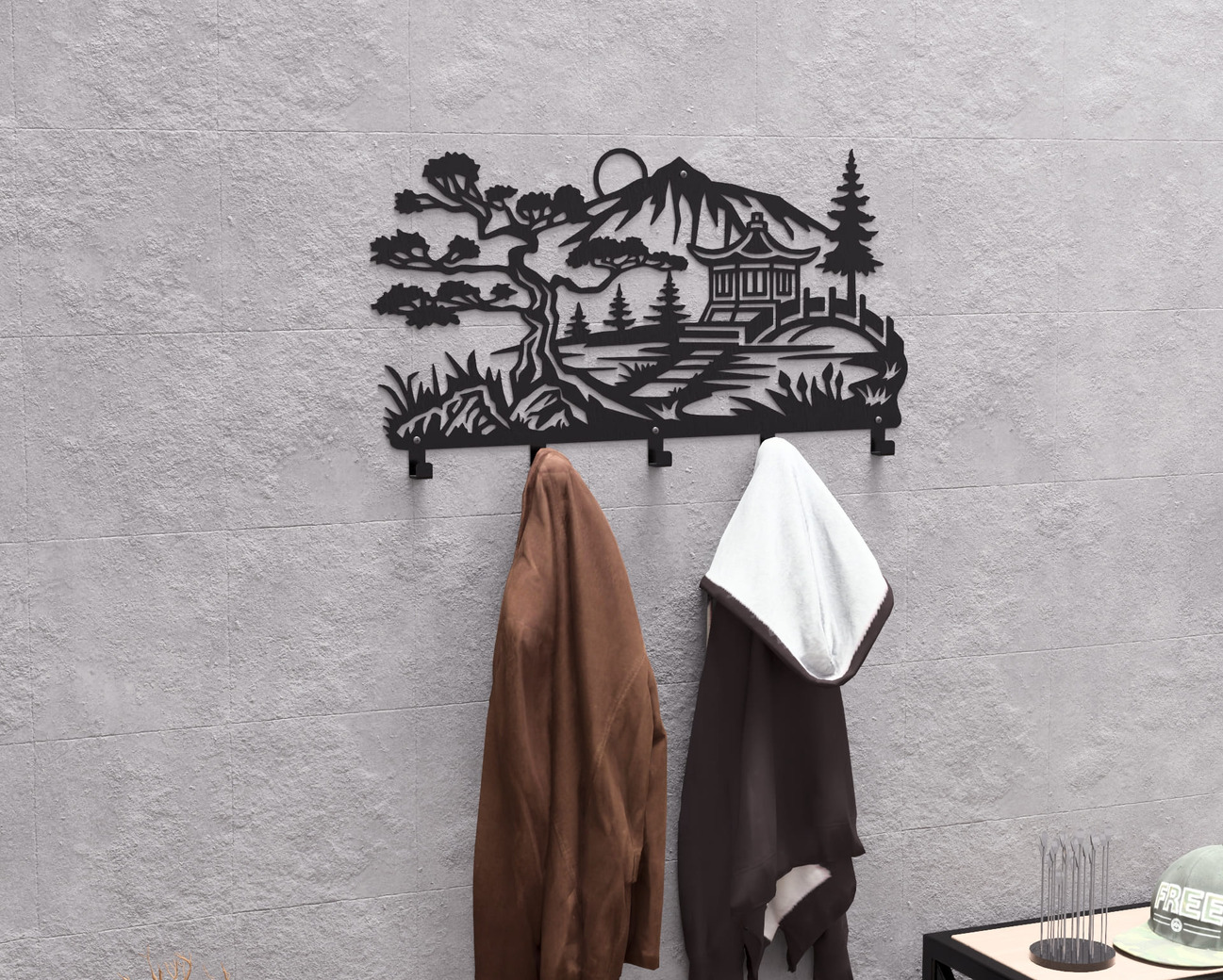 Japanese Garden Wall-Mounted Coat Rack V2. DXF, SVG files for plasma, laser cutting. Wall Coat Rack. Фото 4