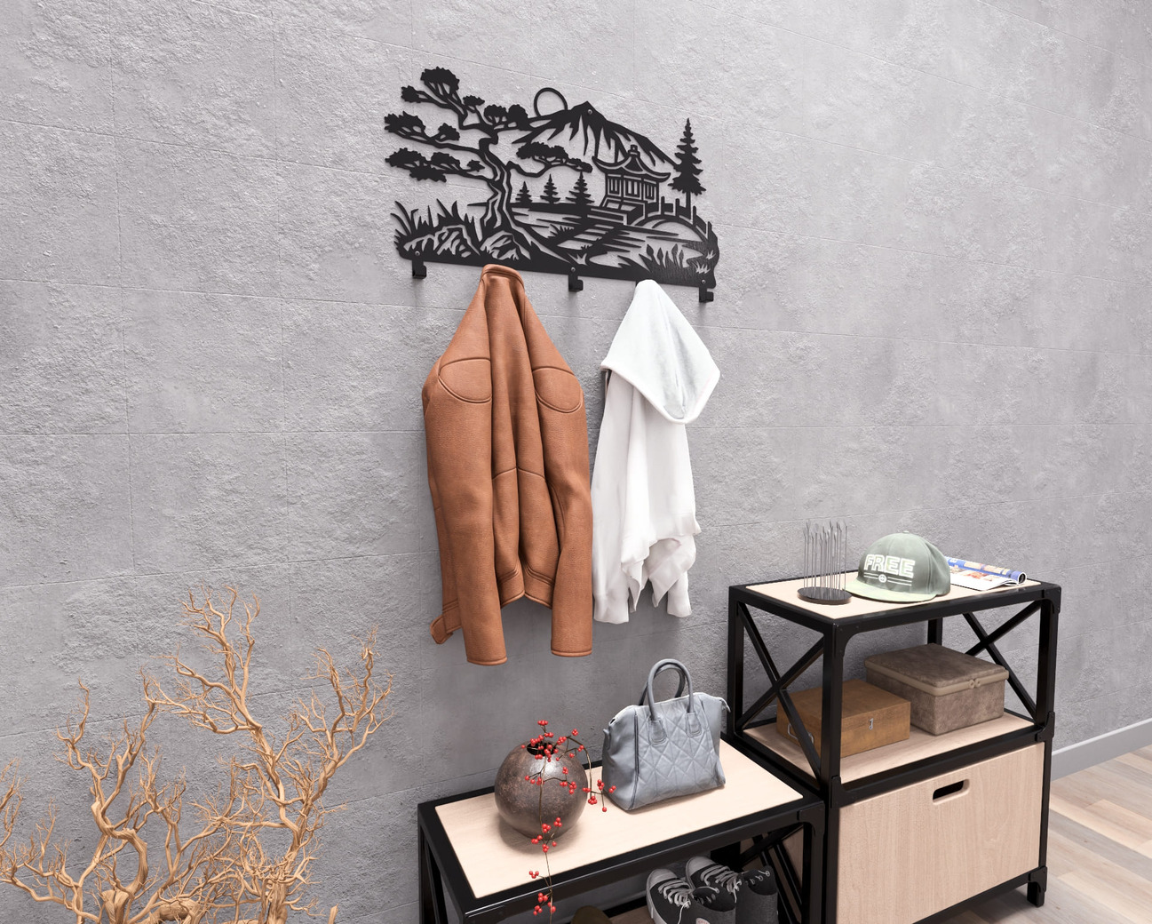 Japanese Garden Wall-Mounted Coat Rack V2. DXF, SVG files for plasma, laser cutting. Wall Coat Rack. Фото 5
