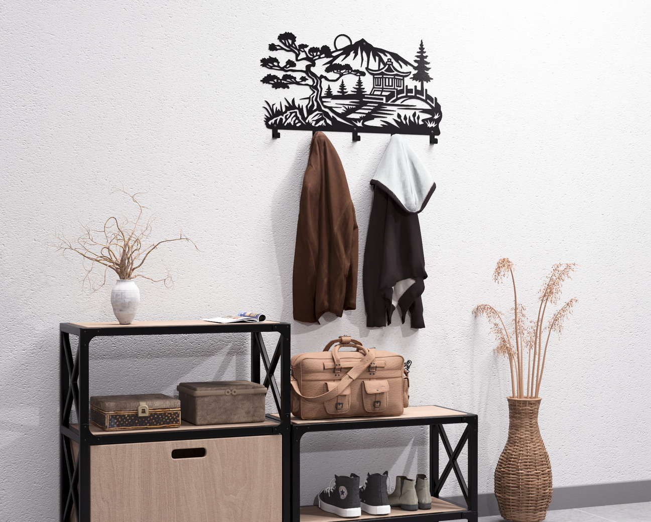 Japanese Garden Wall-Mounted Coat Rack V2. DXF, SVG files for plasma, laser cutting. Wall Coat Rack. Фото 8