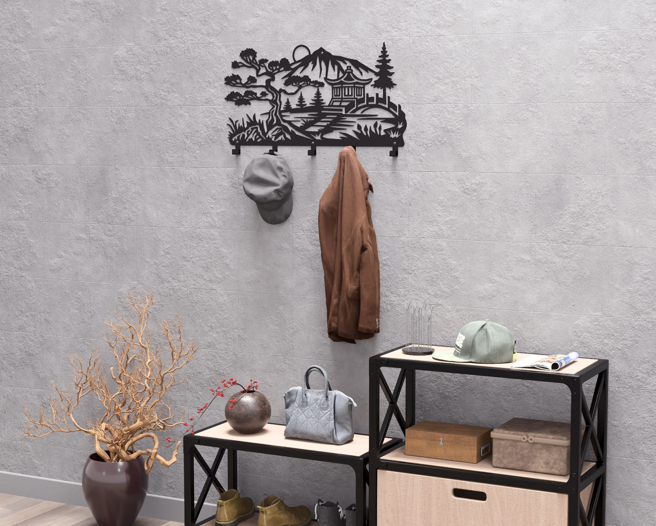 Japanese Garden Wall-Mounted Coat Rack V2. DXF, SVG files for plasma, laser cutting. Wall Coat Rack. Фото 6