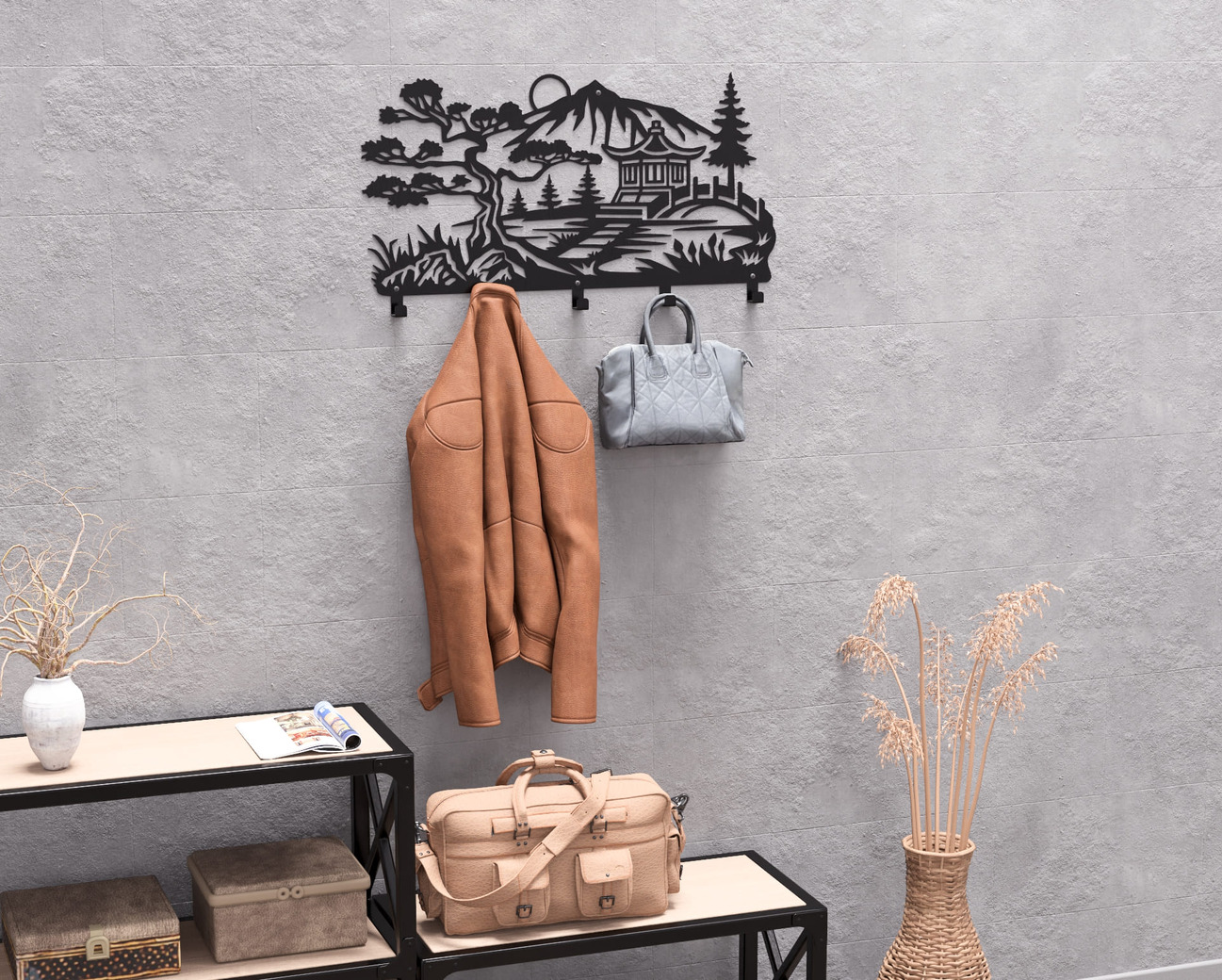Japanese Garden Wall-Mounted Coat Rack V2. DXF, SVG files for plasma, laser cutting. Wall Coat Rack. Фото 7