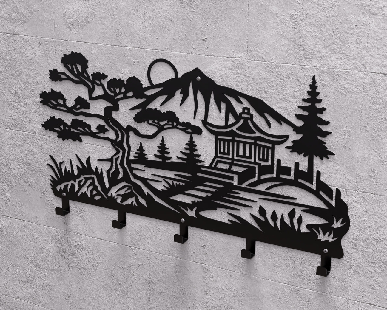 Japanese Garden Wall-Mounted Coat Rack V2. DXF, SVG files for plasma, laser cutting. Wall Coat Rack. Фото 10