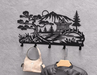 Japanese Garden Wall-Mounted Coat Rack V2. DXF, SVG files for plasma, laser cutting. Wall Coat Rack