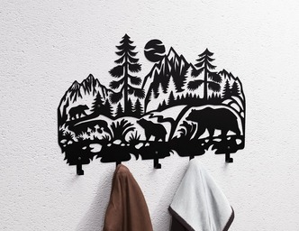 Mountain Bear Landscape Wall-Mounted Coat Rack. DXF, SVG files for plasma, laser cutting. Wall Coat Rack