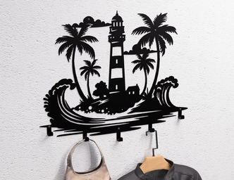 Palm Trees and Lighthouse Wall-Mounted Coat Rack. DXF, SVG files for plasma, laser cutting. Wall Mount Coat Rack