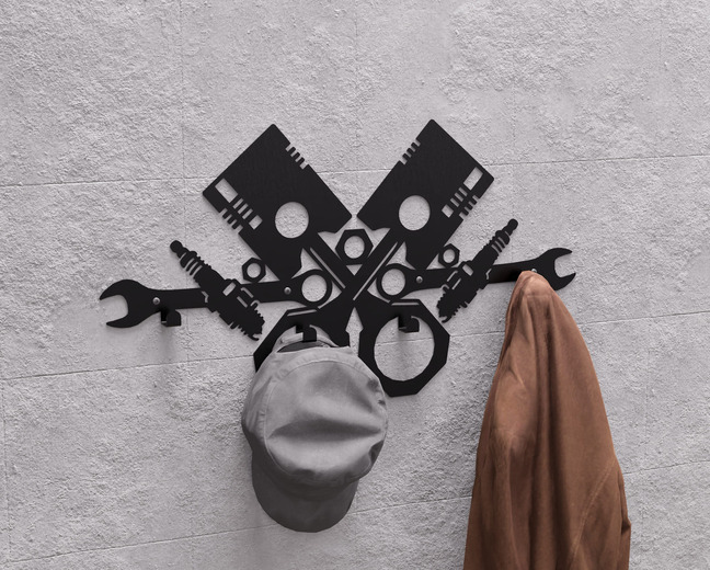 Pistons and Spark Plugs Wall-Mounted Coat Rack. DXF, SVG files for plasma, laser cutting. Wall Mount Coat Rack