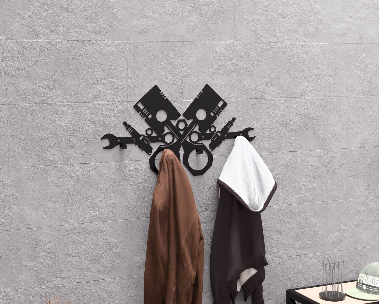 Pistons and Spark Plugs Wall-Mounted Coat Rack. DXF, SVG files for plasma, laser cutting. Wall Mount Coat Rack. Фото 3