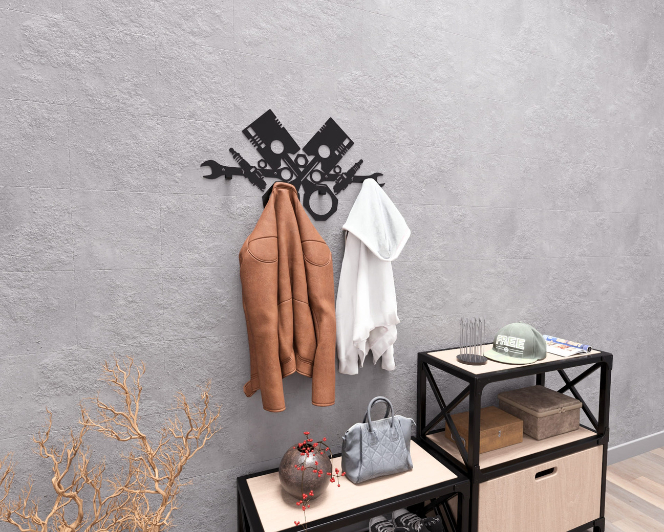 Pistons and Spark Plugs Wall-Mounted Coat Rack. DXF, SVG files for plasma, laser cutting. Wall Mount Coat Rack. Фото 5