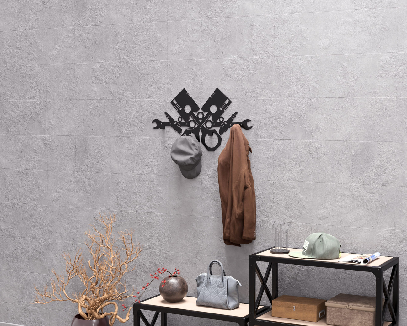 Pistons and Spark Plugs Wall-Mounted Coat Rack. DXF, SVG files for plasma, laser cutting. Wall Mount Coat Rack. Фото 6