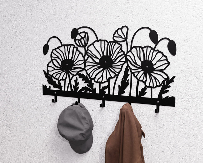 Poppies Wall-Mounted Coat Rack. DXF, SVG files for plasma, laser cutting. Wall Mount Coat Rack