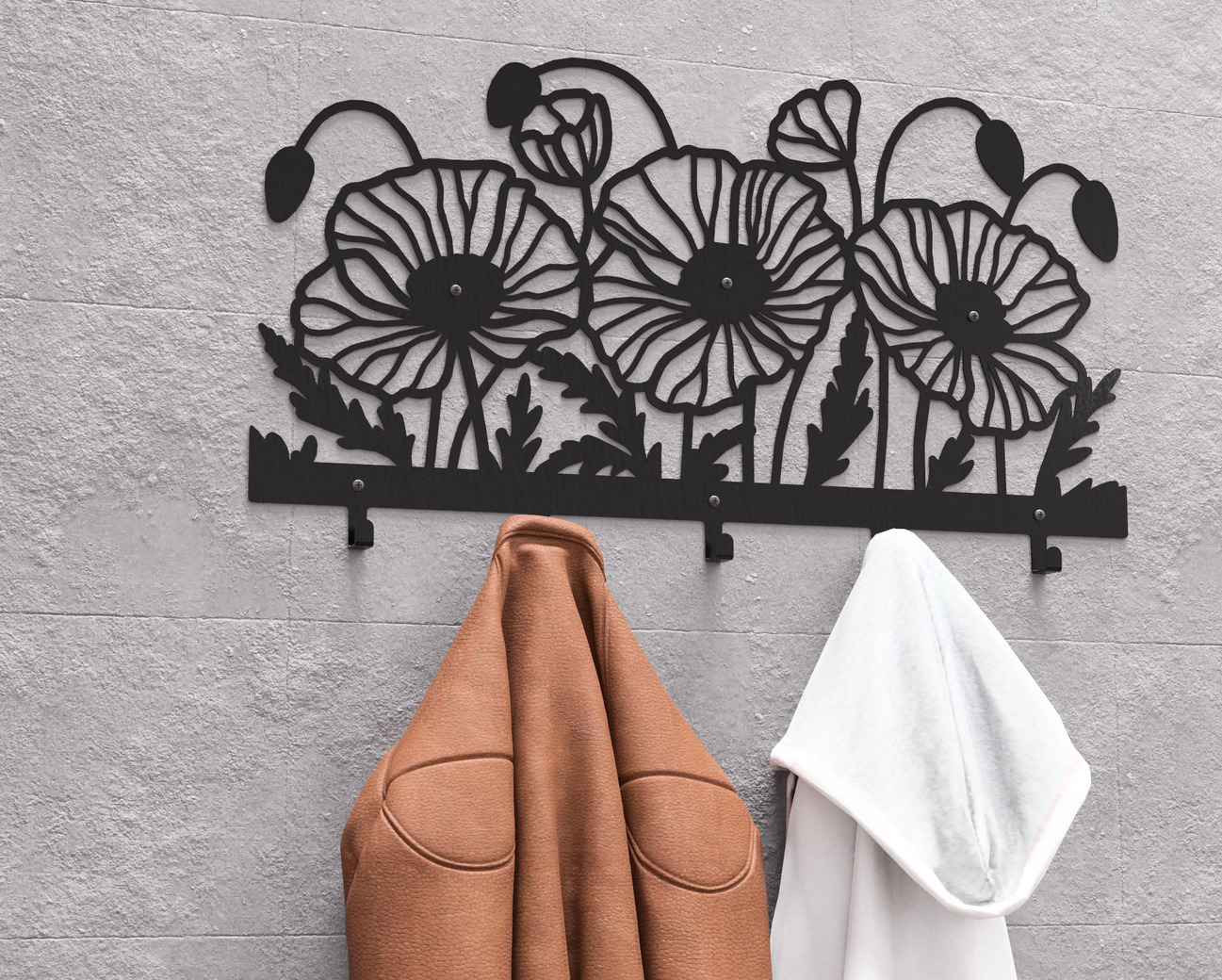 Poppies Wall-Mounted Coat Rack. DXF, SVG files for plasma, laser cutting. Wall Mount Coat Rack. Фото 4
