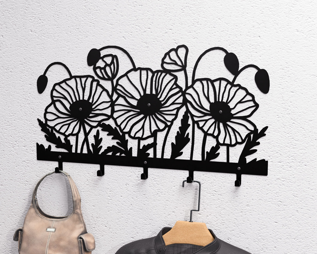 Poppies Wall-Mounted Coat Rack. DXF, SVG files for plasma, laser cutting. Wall Mount Coat Rack. Фото 2