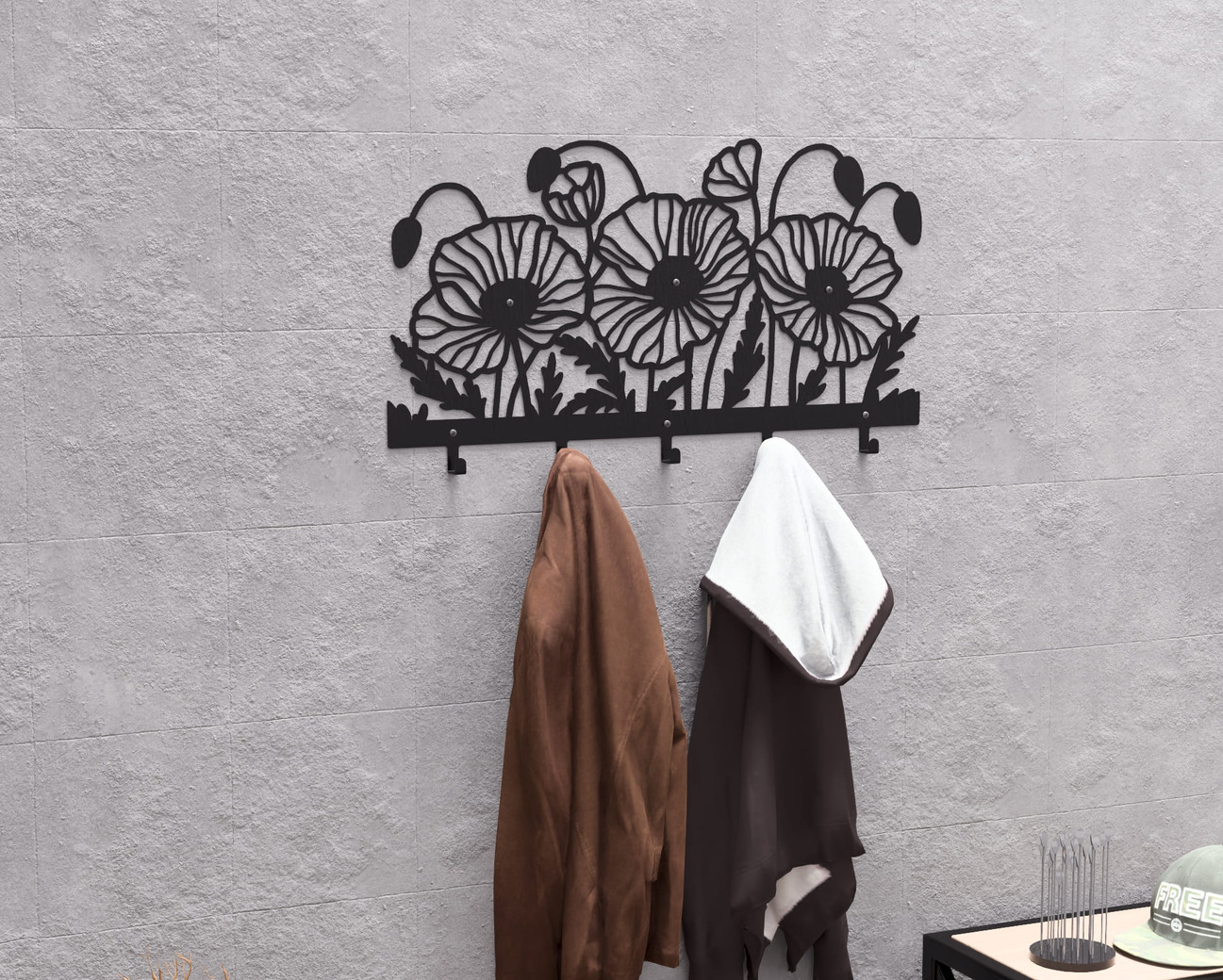 Poppies Wall-Mounted Coat Rack. DXF, SVG files for plasma, laser cutting. Wall Mount Coat Rack. Фото 3