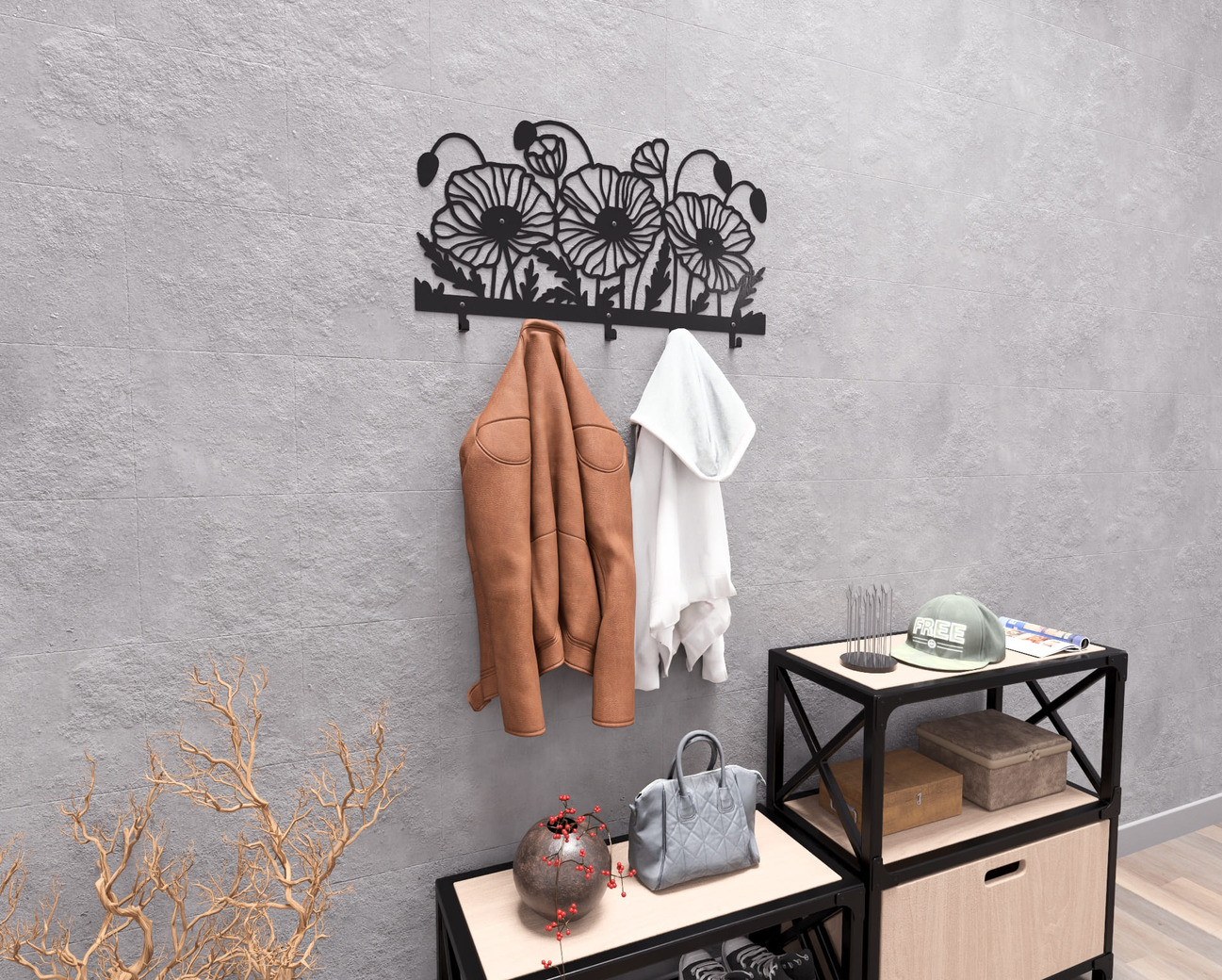 Poppies Wall-Mounted Coat Rack. DXF, SVG files for plasma, laser cutting. Wall Mount Coat Rack. Фото 5