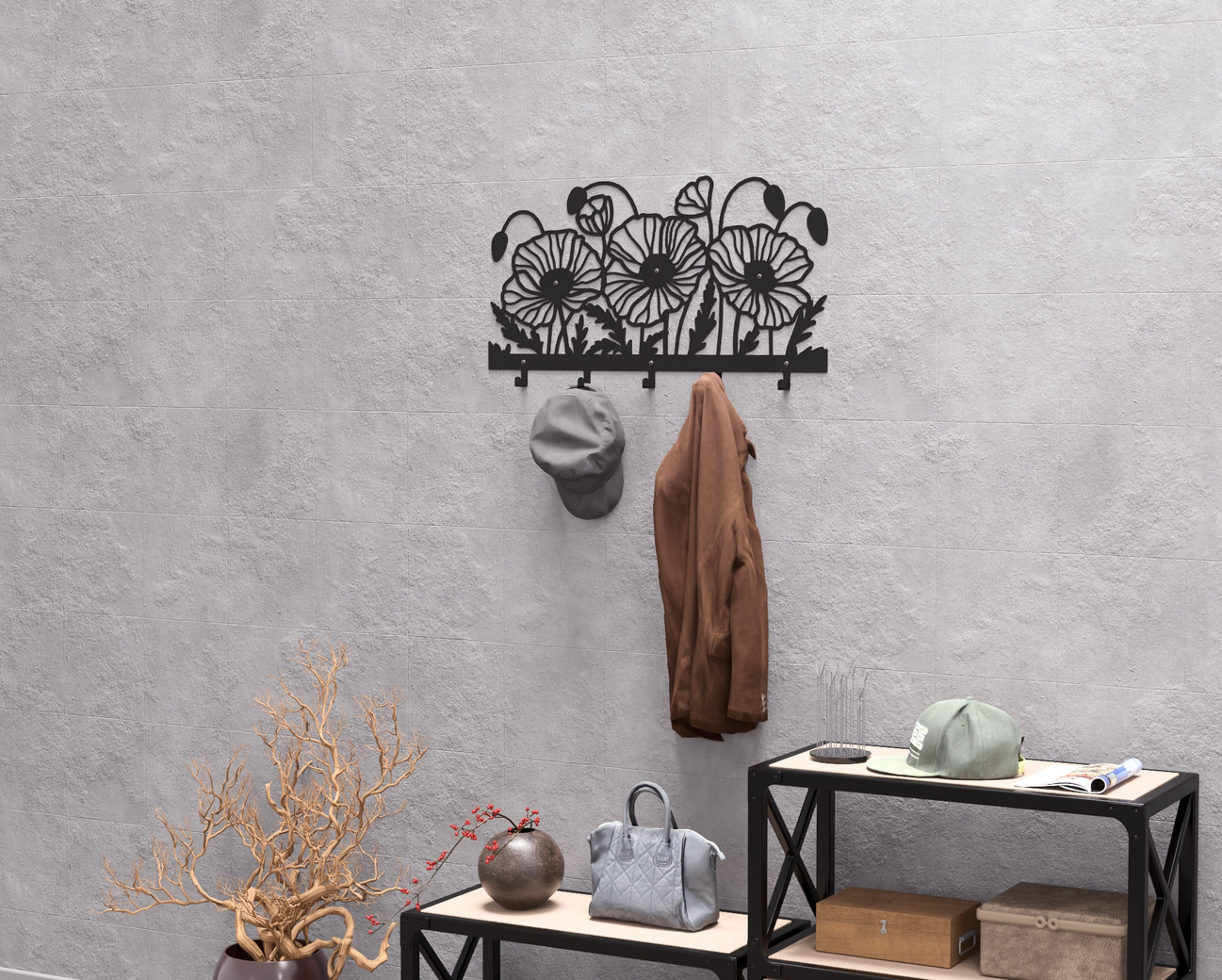 Poppies Wall-Mounted Coat Rack. DXF, SVG files for plasma, laser cutting. Wall Mount Coat Rack. Фото 7
