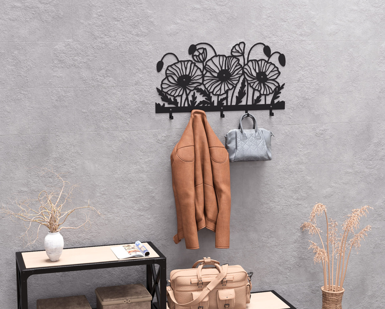 Poppies Wall-Mounted Coat Rack. DXF, SVG files for plasma, laser cutting. Wall Mount Coat Rack. Фото 8