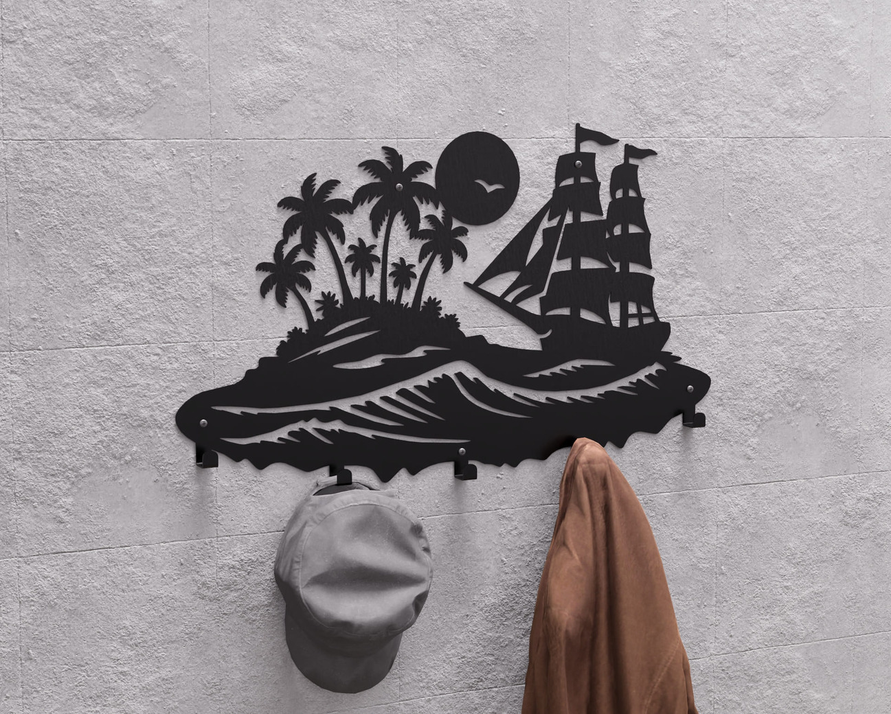 Sailing Ship and Tropical Island Wall-Mounted Coat Rack. DXF, SVG files for plasma, laser cutting. Wall Mount Coat Rack