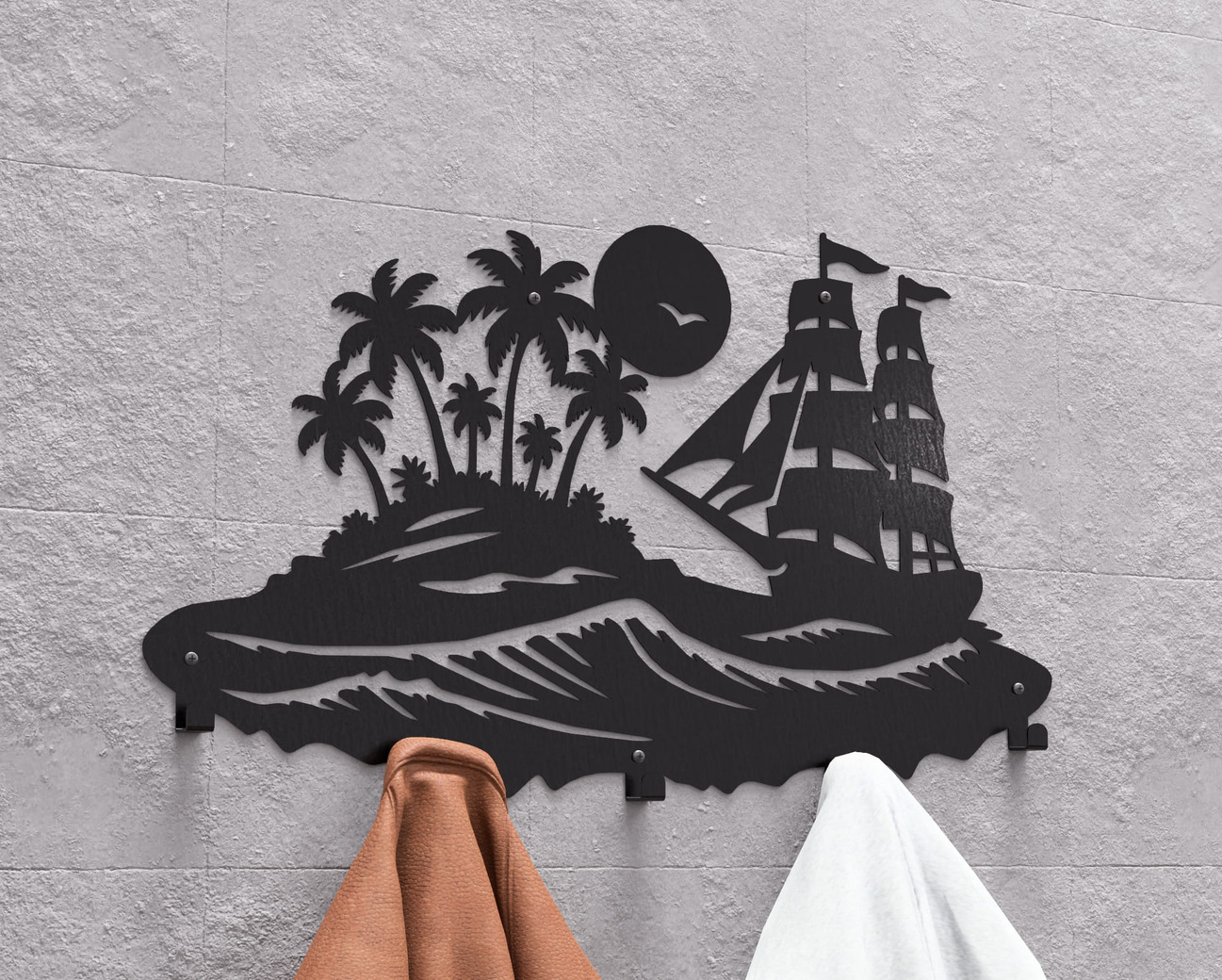 Sailing Ship and Tropical Island Wall-Mounted Coat Rack. DXF, SVG files for plasma, laser cutting. Wall Mount Coat Rack. Фото 3