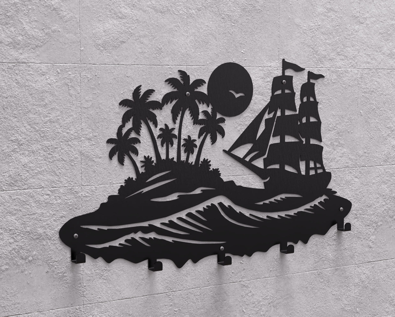 Sailing Ship and Tropical Island Wall-Mounted Coat Rack. DXF, SVG files for plasma, laser cutting. Wall Mount Coat Rack. Фото 10