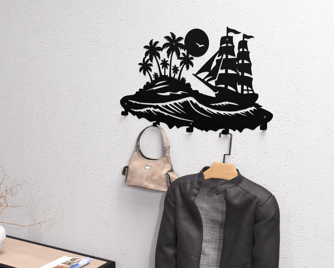 Sailing Ship and Tropical Island Wall-Mounted Coat Rack. DXF, SVG files for plasma, laser cutting. Wall Mount Coat Rack. Фото 2