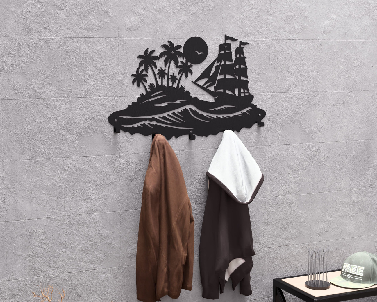 Sailing Ship and Tropical Island Wall-Mounted Coat Rack. DXF, SVG files for plasma, laser cutting. Wall Mount Coat Rack. Фото 5