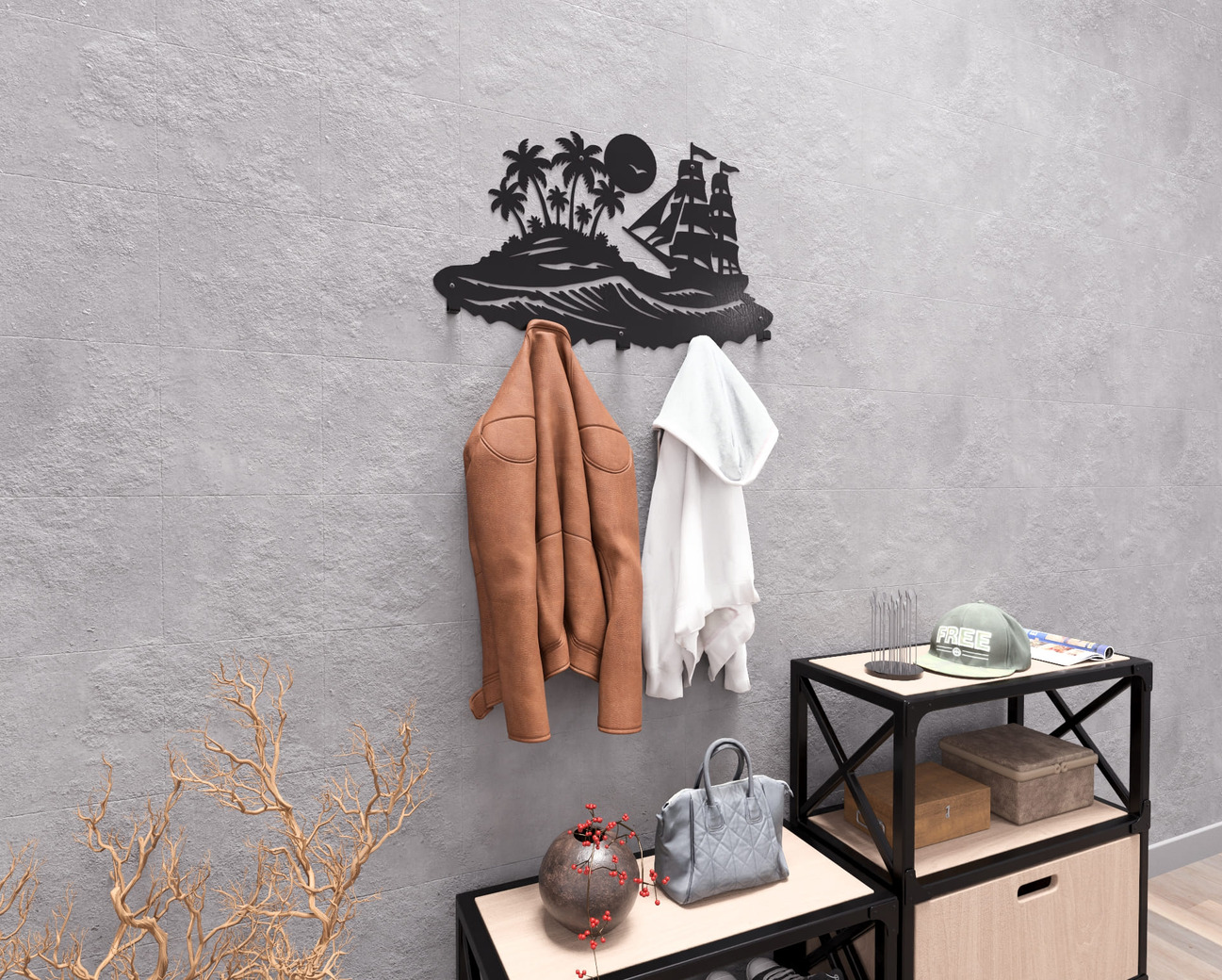 Sailing Ship and Tropical Island Wall-Mounted Coat Rack. DXF, SVG files for plasma, laser cutting. Wall Mount Coat Rack. Фото 4