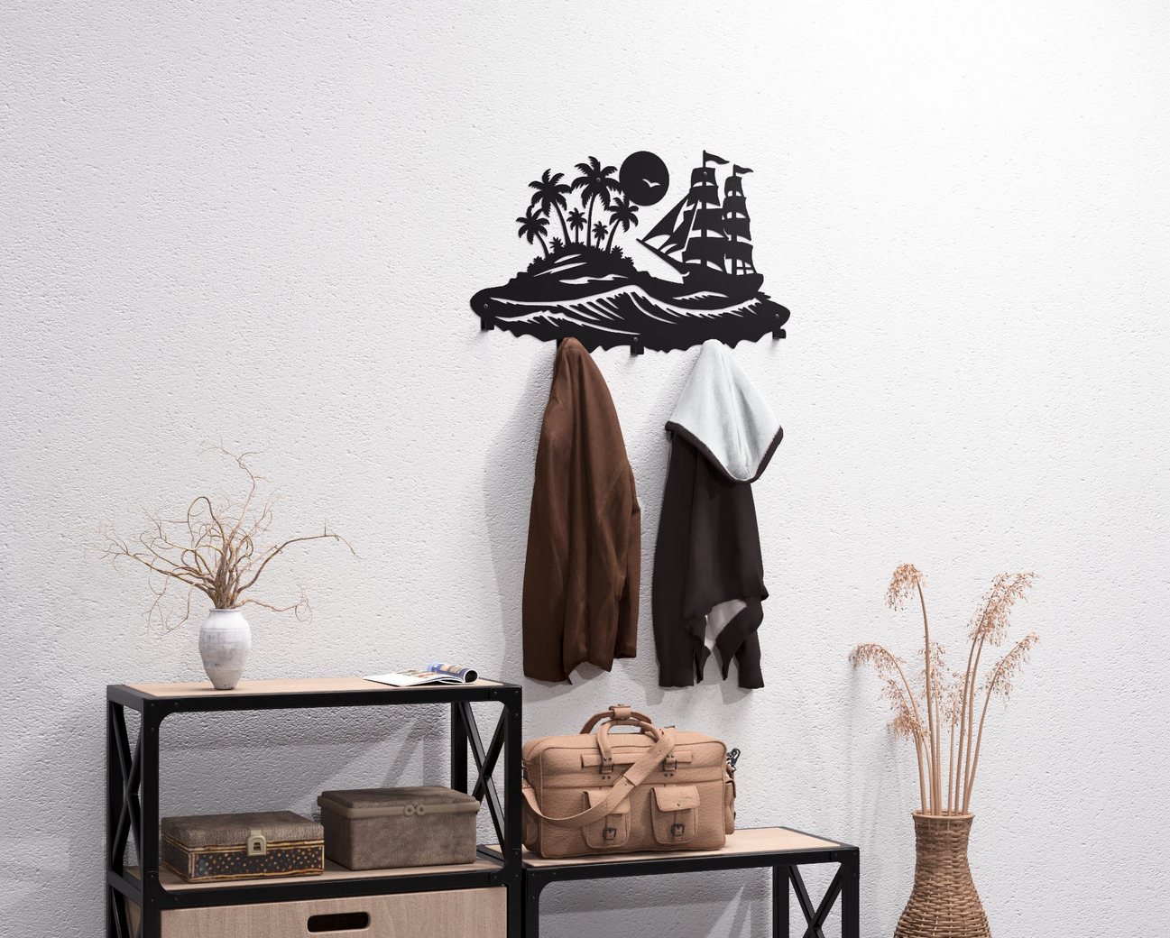 Sailing Ship and Tropical Island Wall-Mounted Coat Rack. DXF, SVG files for plasma, laser cutting. Wall Mount Coat Rack. Фото 6