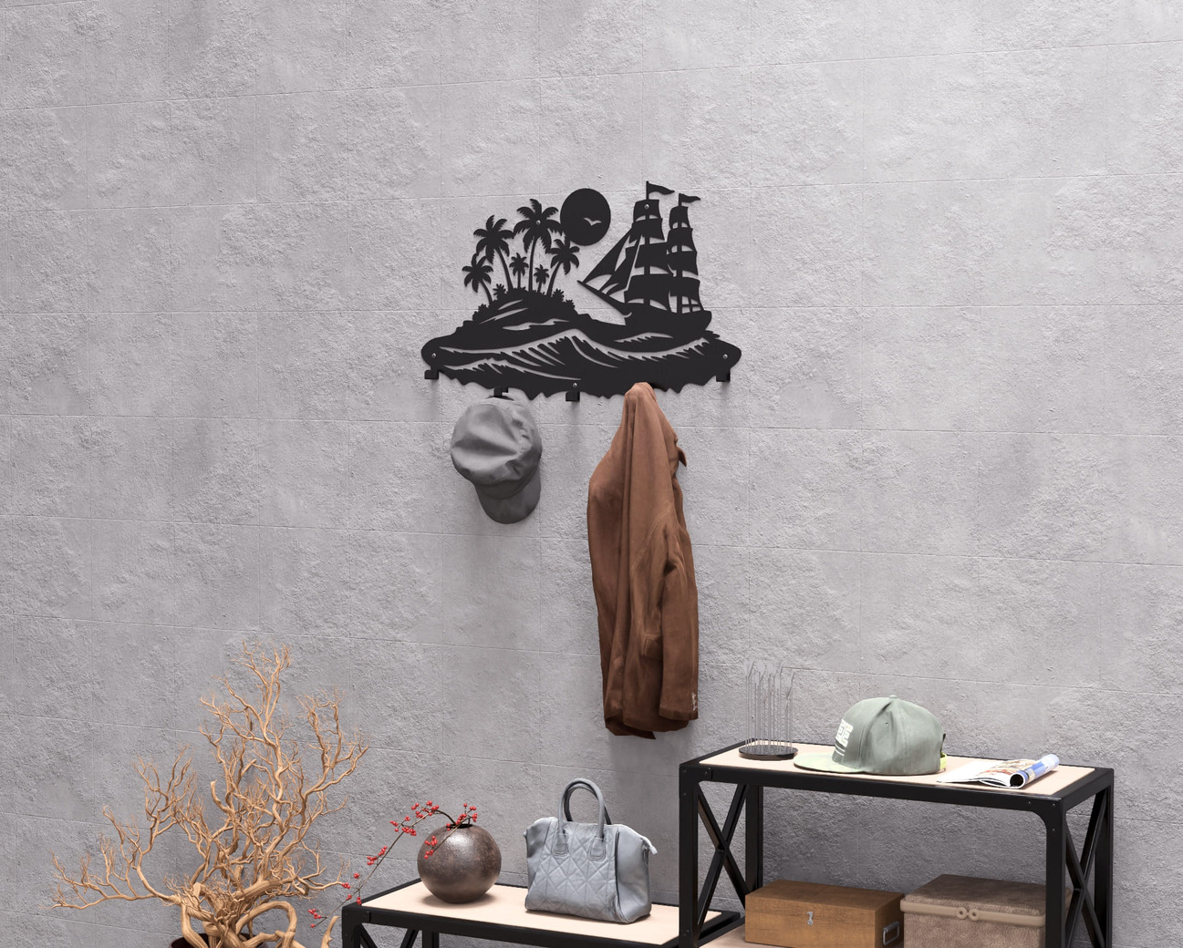 Sailing Ship and Tropical Island Wall-Mounted Coat Rack. DXF, SVG files for plasma, laser cutting. Wall Mount Coat Rack. Фото 11