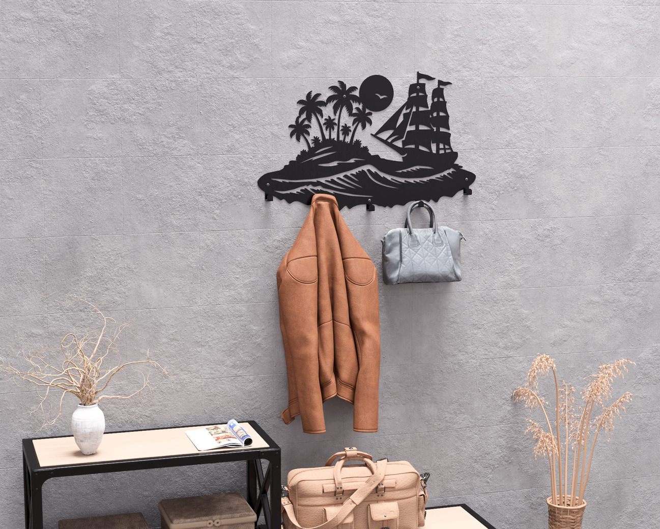 Sailing Ship and Tropical Island Wall-Mounted Coat Rack. DXF, SVG files for plasma, laser cutting. Wall Mount Coat Rack. Фото 7