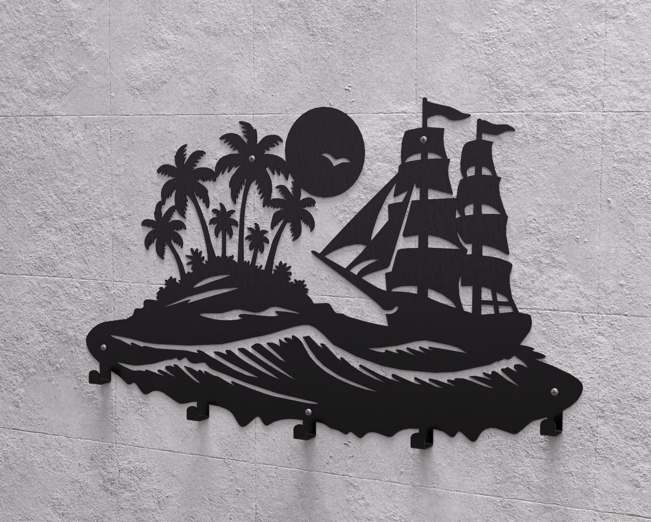 Sailing Ship and Tropical Island Wall-Mounted Coat Rack. DXF, SVG files for plasma, laser cutting. Wall Mount Coat Rack. Фото 8